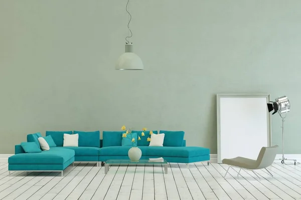 Sofá Azul Diseño Escandinavo Moderno Con Pared Gris Rendering — Foto de Stock