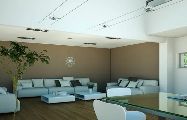 现代明亮客厅室内设计与沙发 — 图库照片