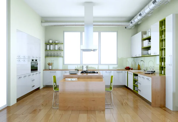 Біла сучасна кухня з зеленими елементами дизайну інтер'єру — стокове фото