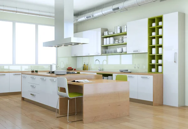 Bílá moderní kuchyně s zelené prvky interiérového designu — Stock fotografie