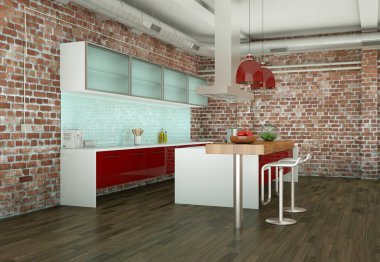 Taş duvar ile bir odada kırmızı modern mutfak