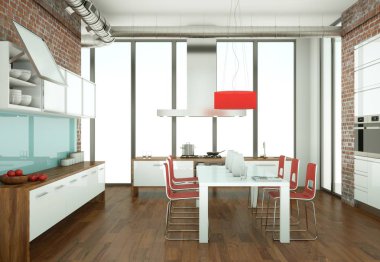 dinging bir masa ve sandalyeler ile güzel modern mutfak