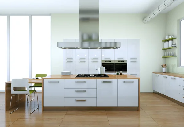 Біла сучасна кухня з зеленими елементами дизайну інтер'єру — стокове фото
