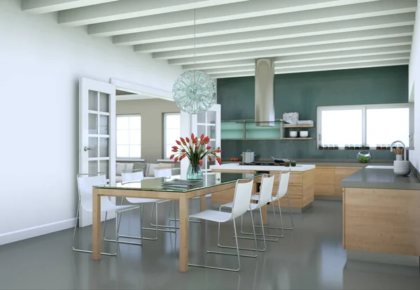 Красивая современная кухня со столом и стульями — стоковое фото