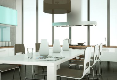 Cooncrete Duvar ile bir odada beyaz modern mutfak