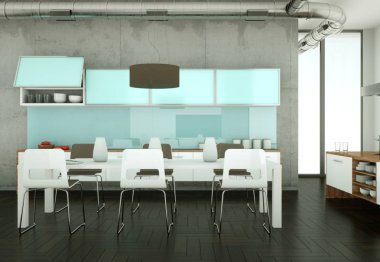 Cooncrete Duvar ile bir odada beyaz modern mutfak