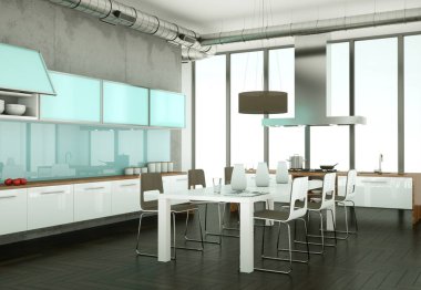 Cooncrete Duvar ile bir odada beyaz modern mutfak