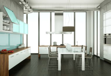 Cooncrete Duvar ile bir odada beyaz modern mutfak