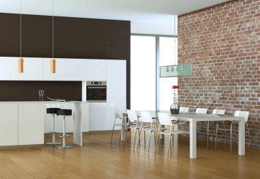 Taş duvar ile bir odada parlak modern mutfak