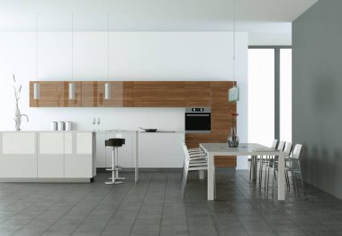 Taş duvar ile bir odada parlak modern mutfak
