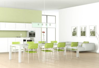 Taş duvar ile bir odada yeşil modern mutfak