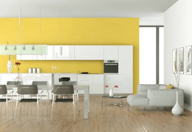 Taş duvar ile bir odada sarı modern mutfak