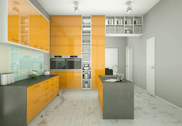 Yellow modern kitchen in a house with a beautiful design — Stock Photo, Image