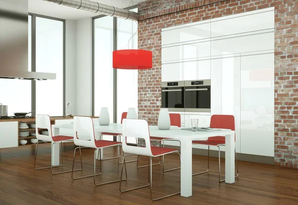 Bela cozinha moderna com uma mesa e cadeiras dinging — Fotografia de Stock