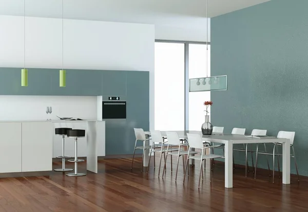Синяя современная кухня в комнате с каменной стеной — стоковое фото