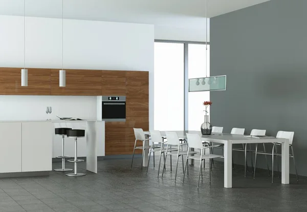 Luminosa cocina moderna en una habitación con pared de piedra — Foto de Stock