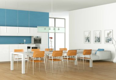 Mavi duvar ile bir odada parlak modern mutfak