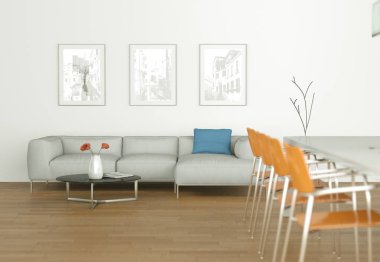 Mavi duvar ile bir odada parlak modern mutfak