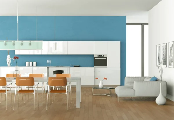 Heldere moderne keuken in een kamer met blauwe muur — Stockfoto