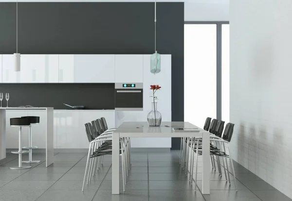 Luminosa cocina moderna en una habitación con pared gris — Foto de Stock