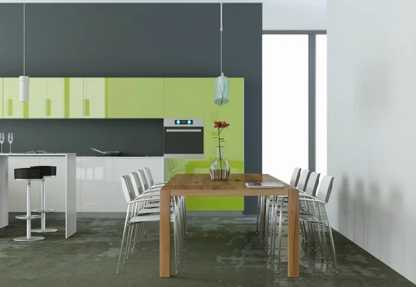 Зеленая современная кухня в комнате с серой стеной — стоковое фото