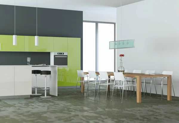 Cocina moderna verde en una habitación con pared gris —  Fotos de Stock