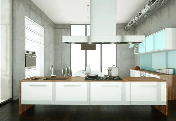 Luminosa cocina moderna en una habitación con pared de hormigón — Foto de Stock