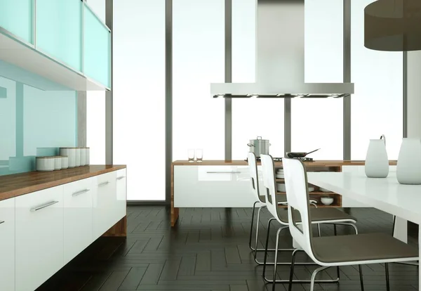 Cozinha moderna brilhante em uma sala com parede de concreto — Fotografia de Stock