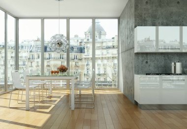 Beton duvar ile bir odada parlak modern mutfak