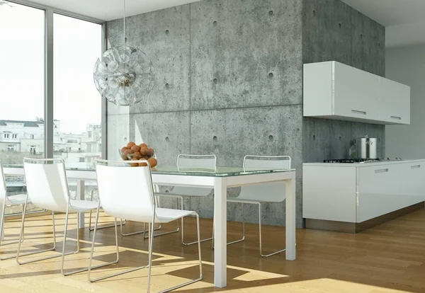 Dapur modern yang terang di sebuah ruangan dengan dinding beton — Stok Foto