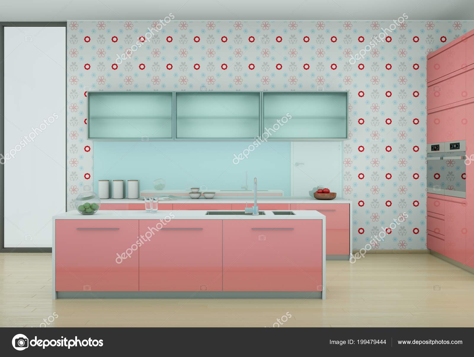 Pink modern kitchen with vintage wallpaper Stock Photo by ©virtua73 199479444 Pink modern kitchen with vintage wallpaper Stock Photo by ©virtua73 199479444