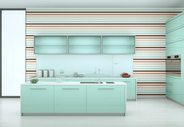 Light blue modern kitchen with vintage wallpaper