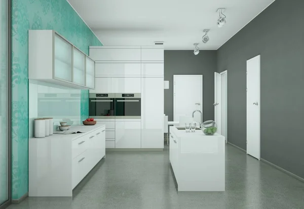 Cozinha moderna branca com papel de parede vintage — Fotografia de Stock