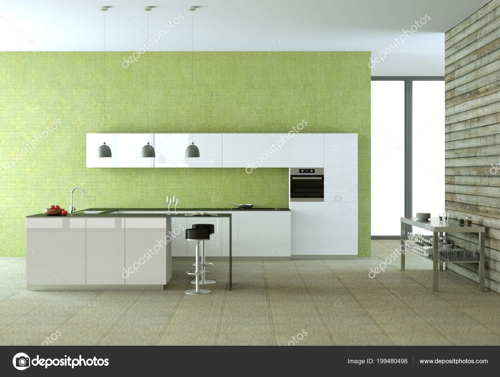 Weiße Moderne Küche Mit Grüne Tapete Stockfoto Virtua73