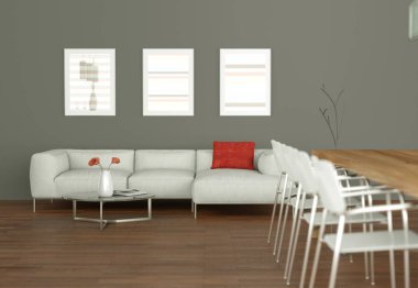 Beyaz kanepe ve gri duvar kağıdı ile yemek masası