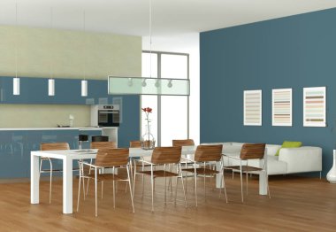 Mavi modern mutfak yemek masası ve beyaz kanepe