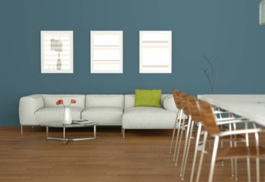 Yemek masası ile beyaz kanepe ve duvardaki resimler ile