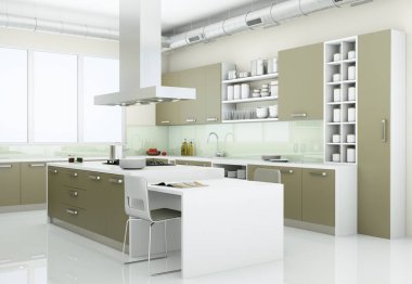 Çatı katında büyük camları olan gri modern mutfak