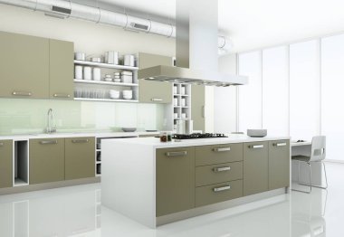 Çatı katında büyük camları olan gri modern mutfak