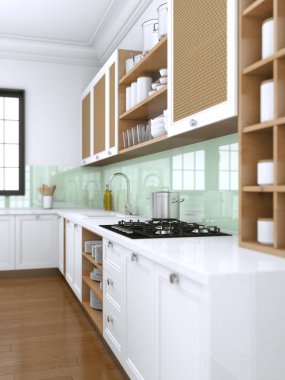 Güzel bir tasarım ile bir evde beyaz modern mutfak