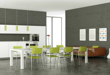 Beyaz modern mutfak yemek masası ve kahverengi deri koltuk