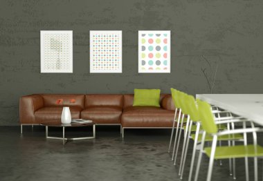 Yemek masası ile deri kanepe ve gri Duvar ile