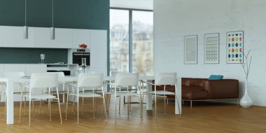 Beyaz modern mutfak yemek masası ve kahverengi deri koltuk