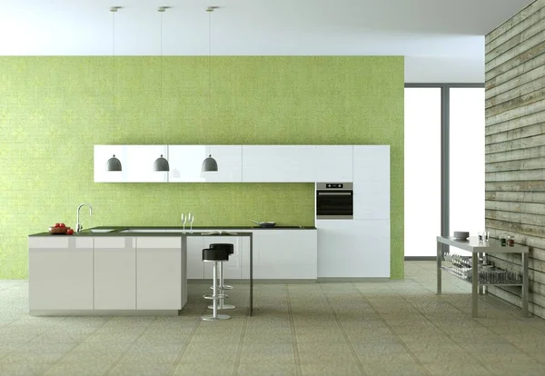 Cucina moderna bianca con carta da parati verde — Foto Stock