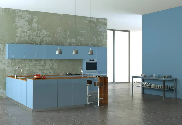Blå modernt kök med betongvägg — Stockfoto