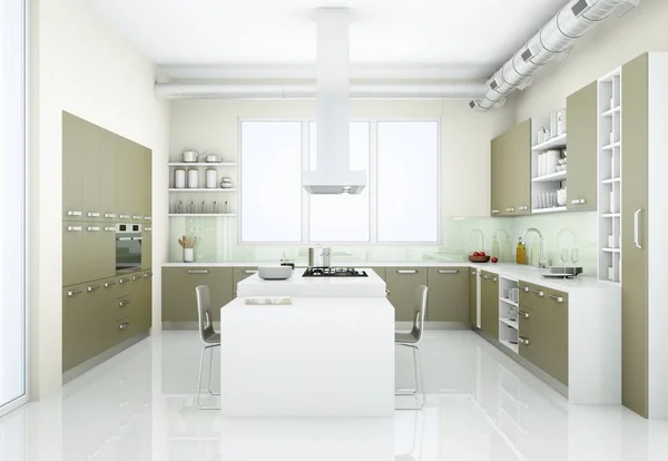 Grey modern kitchen in loft with big windows