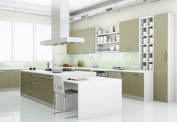 Grey modern kitchen in loft with big windows
