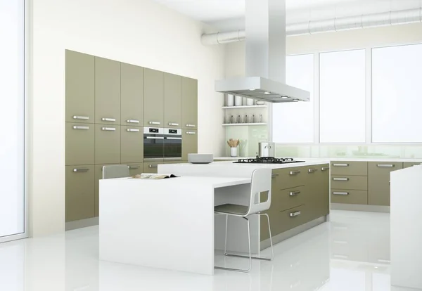 Grey modern kitchen in loft with big windows