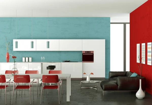 Vitt modernt kök med röda och blå väggar — Stockfoto