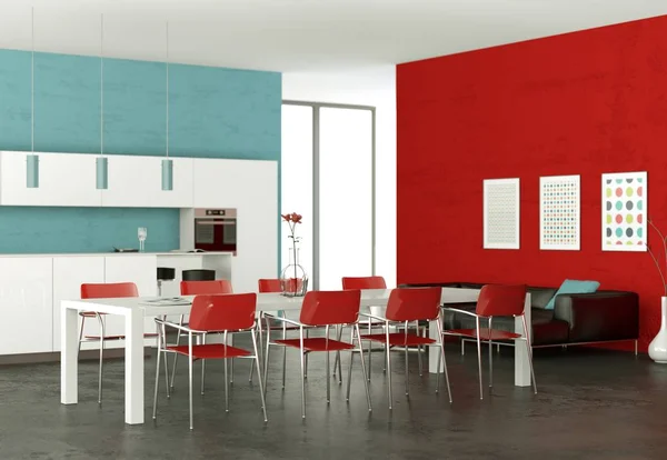 Cocina moderna blanca con paredes rojas y azules — Foto de Stock